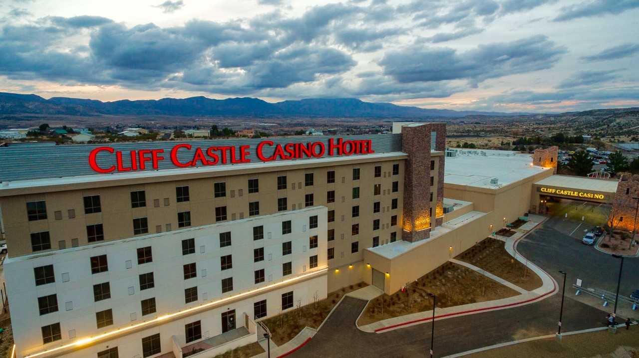 drone photo from the cliff castle casino hotel on a semi-cloudy evening